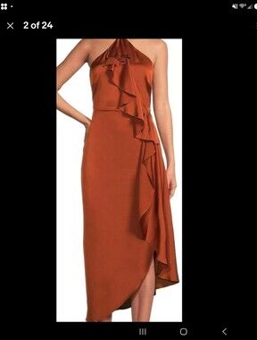 Badgley Mischka Rust Halter Ruffle High-Low Gown